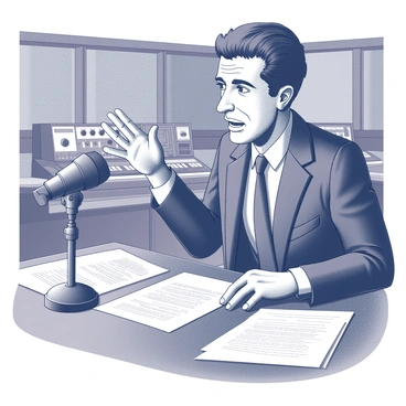 A radio announcer is positioned in a studio, sitting at a large desk with a vintage microphone in front of him. He has a focused expression, his brow furrowed as he passionately reports the latest developments in the Cold War. Papers and documents are scattered around him, indicating thorough preparation and urgent news. The studio is dimly lit, with soundproof panels lining the walls, and a large soundboard filled with buttons and dials is visible in the background. The announcer is wearing a suit with a tie, and his hands are animated as he gestures while speaking into the microphone. The atmosphere radiates tension and urgency as he relays the critical information to his audience.