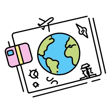 A vintage postcard displaying the planet "Earth" in the center. Surrounding the globe are various travel-themed illustrations, including a small "airplane" soaring above the Earth, a "compass" nestled in one corner, and a "suitcase" with travel stickers in another corner. There are also tiny drawings of famous landmarks like the "Eiffel Tower" and the "Great Wall of China" scattered around the edges. The color palette is muted with pastel tones, giving it a nostalgic feel. The overall composition is balanced and inviting.