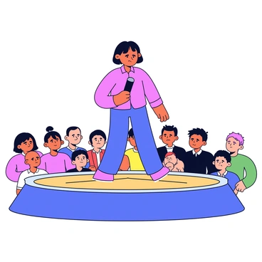 A person standing on a stage with a polished wooden floor. The individual is holding a black microphone in one hand. They have a worried expression on their face, with slightly furrowed brows and pursed lips. The person is wearing a simple, solid-colored shirt. In front of them, there is a large audience, with rows of heads visible, some people looking on attentively. The background is plain, ensuring the focus remains on the person and the audience.