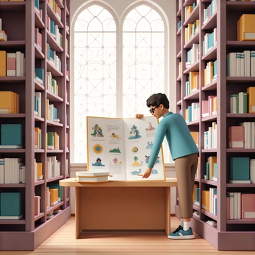 A student, wearing glasses, a blue shirt, and brown pants, stands in front of a giant illustrated syllabus that is open on a large wooden table. The syllabus features vibrant, detailed illustrations of various subjects and magical creatures. Surrounding the student, the fantasy library is filled with towering bookshelves overflowing with colorful books of all sizes. Soft, warm light filters through stained glass windows, casting intricate patterns on the wooden floor. The student looks intrigued, leaning closer to the syllabus, with one hand poised above it as if about to point at something fascinating.