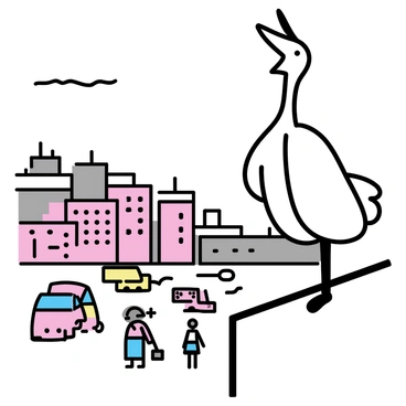 A "cigogne" with long legs and a sleek, white body stands on the edge of a city rooftop. The bird is facing outward, its beak slightly open. Below, "bustling streets" can be seen filled with small cars and people walking. The buildings around are made of red bricks and concrete, creating a cityscape backdrop. The sky above is clear, allowing sunlight to illuminate the scene.