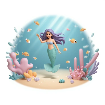 A friendly mermaid with flowing long hair in shades of turquoise and purple, wearing a shimmering green tail, is swimming gracefully through a vibrant underwater kingdom. Surrounding her are schools of smiling fish in a variety of colors, including orange, yellow, and blue, darting playfully among the coral reefs. The coral reefs are in lively hues of pink, red, and orange, adorned with small sea creatures and shells. Sunlight filters down from the surface, creating sparkling patterns on the sandy ocean floor as the mermaid explores her enchanting aquatic environment.