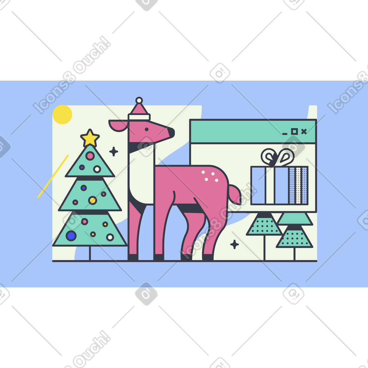 Ilustración Ciervo navideño mirando la pestaña con regalos navideños en estilo Abstract a descargar en PNG y SVG