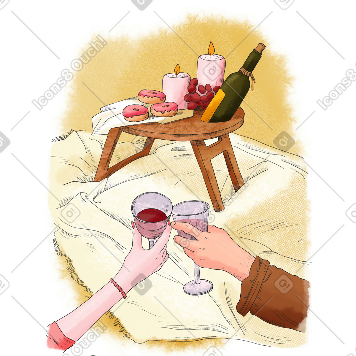 Romantisches picknick f&uuml;r zwei mit wein-Illustration im Moments-Stil als Download in PNG, SVG