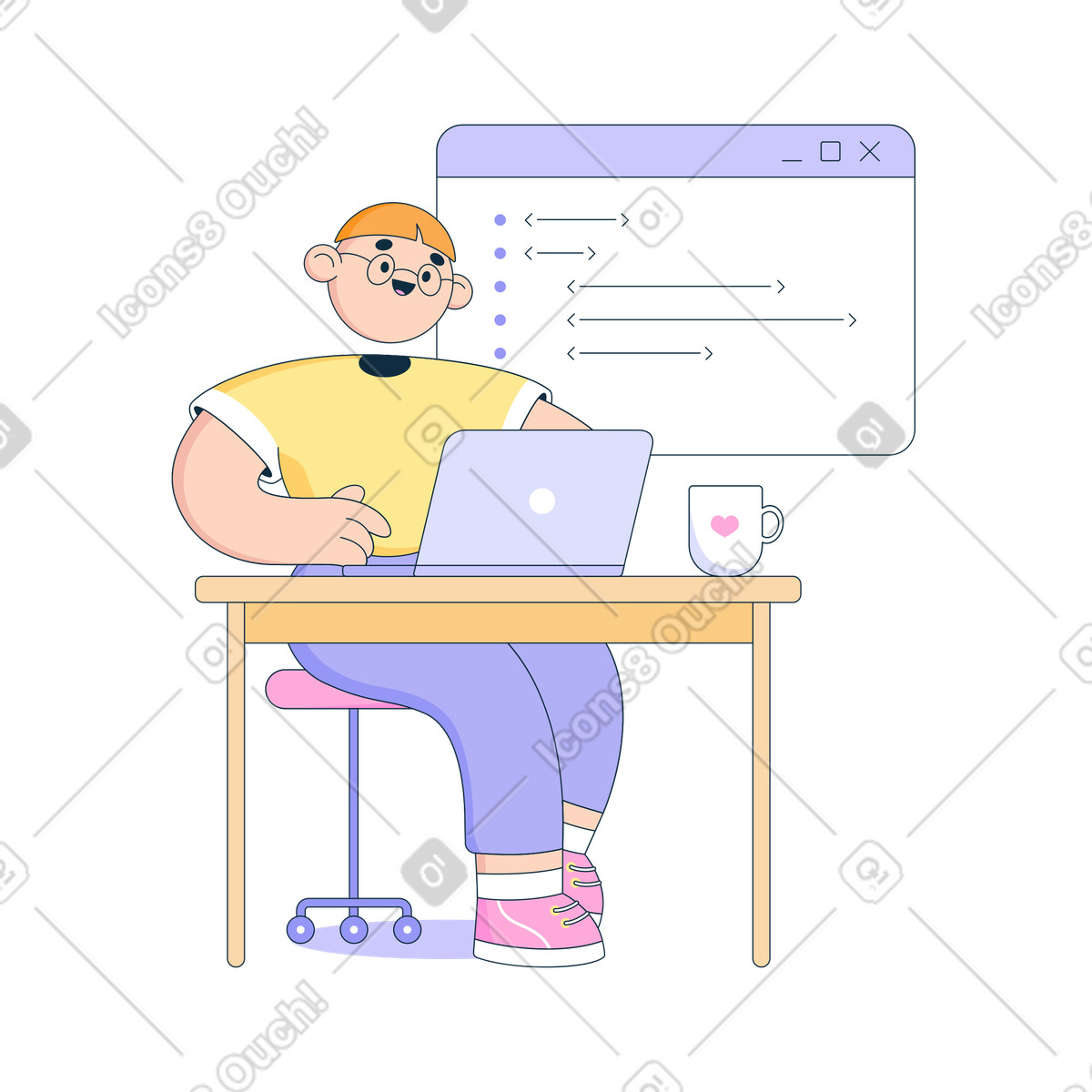 Person working at laptop with code window, software developer work environment illustration in PNG, SVG