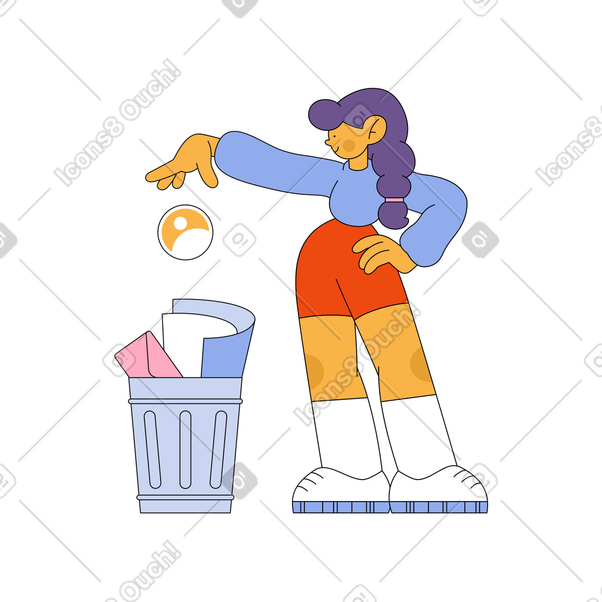 Illustration Une fille jette icône de personne dans la poubelle le style Bloom à télécharger aux formats PNG, SVG