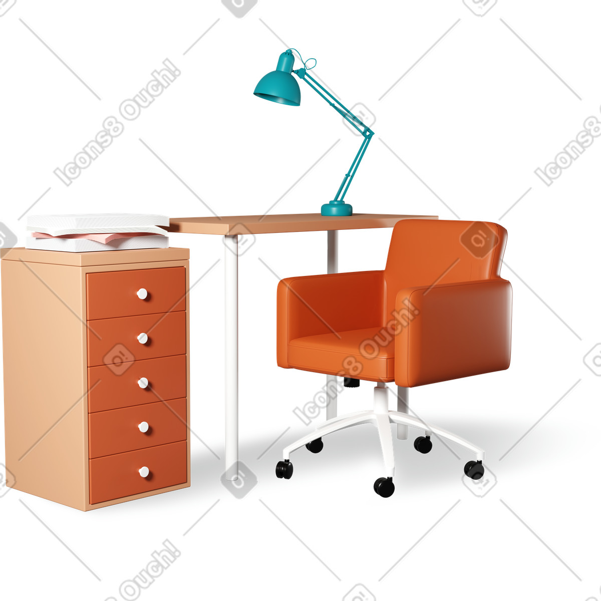 Scrivania da ufficio con lampada e sedia illustrazione in stile 3D Plastic people scarica in PNG, SVG