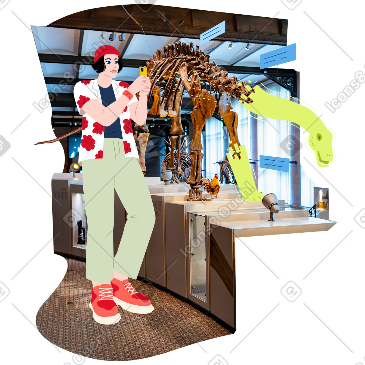 Everyday 스타일의 Young man using an augmented reality app in the museum 일러스트레이션 PNG, SVG 다운로드
