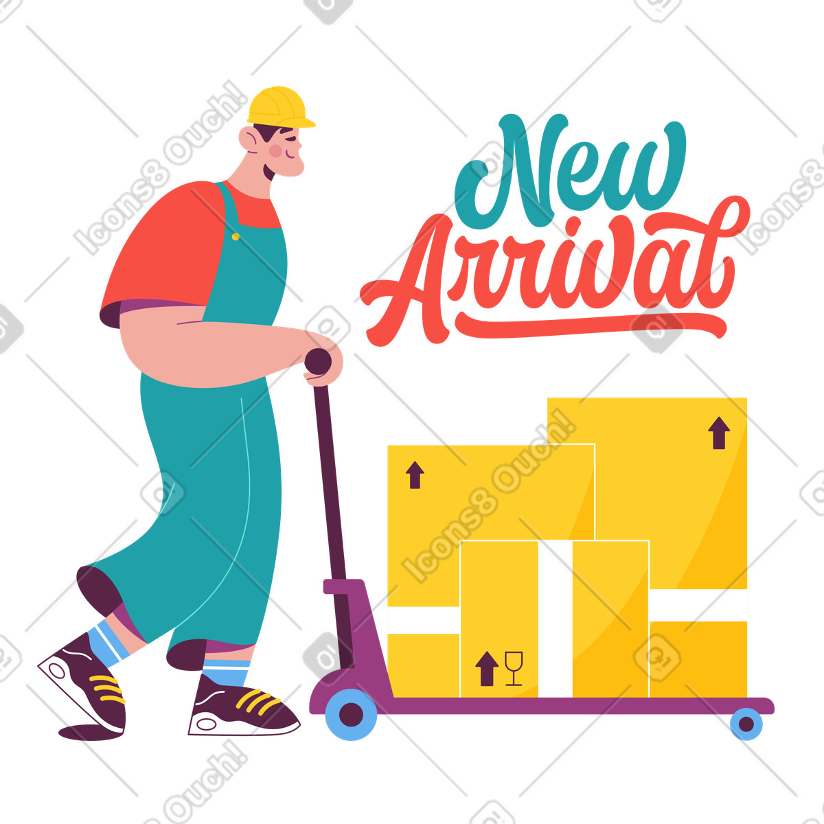 Illustration Warehouse staff pushing cart with boxes, New arrival shipping concept dans le style Sammy à télécharger aux formats PNG, SVG