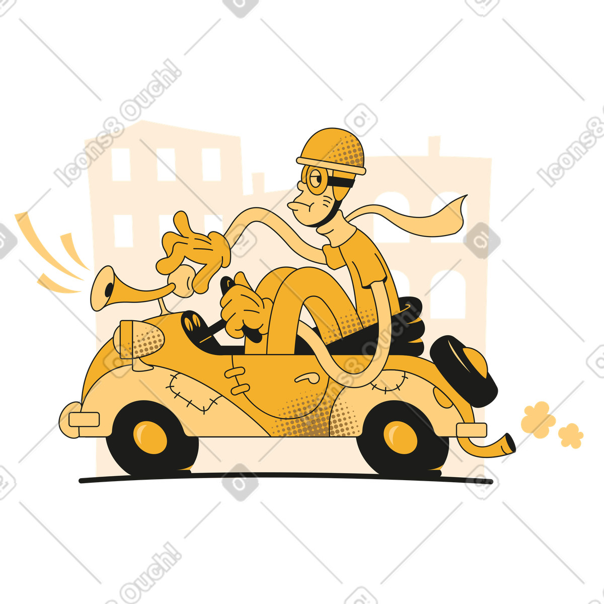 Racer driving a vintage car, Teaser or launch notification animated illustration in Rubber style download in GIF, Lottie (JSON), AE