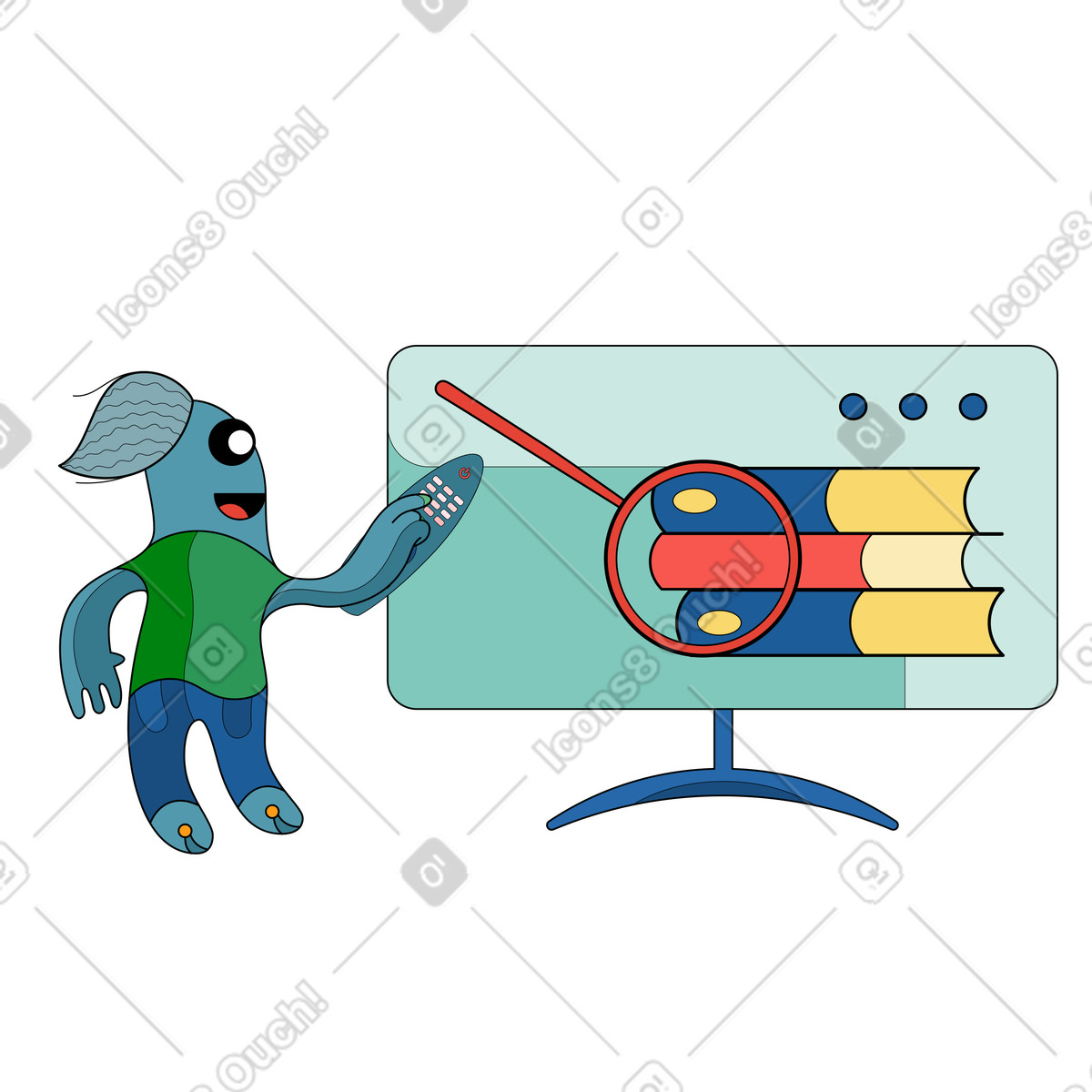 Character watching educational tv channel illustration in Surr style download in PNG, SVG