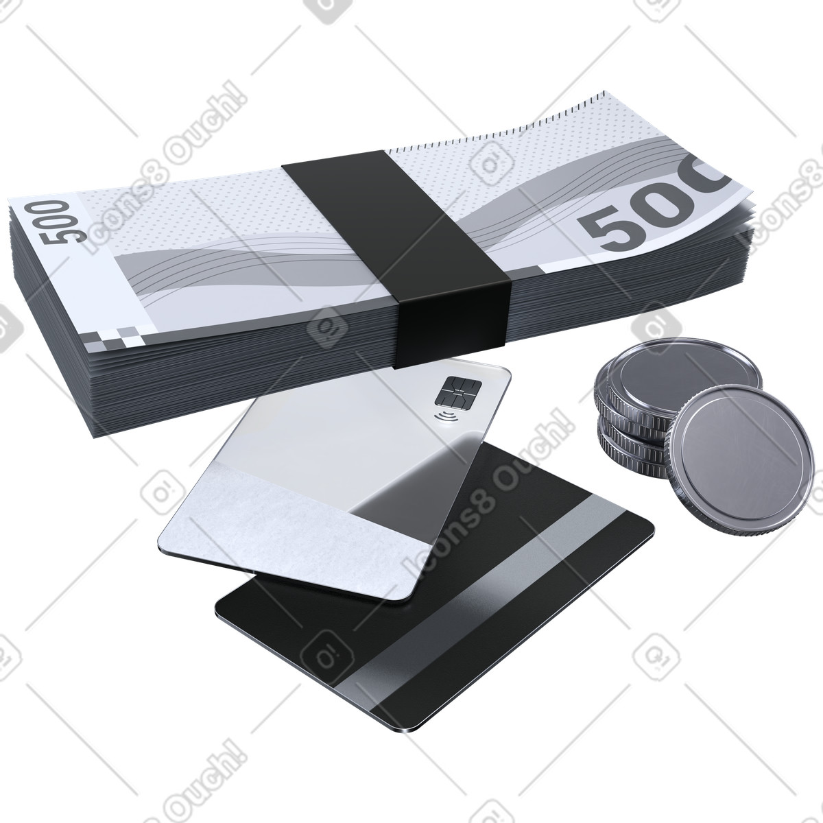 Business payment transaction, Cash and credit card, Financial settlement method illustration in 3D Pro style download in PNG, SVG