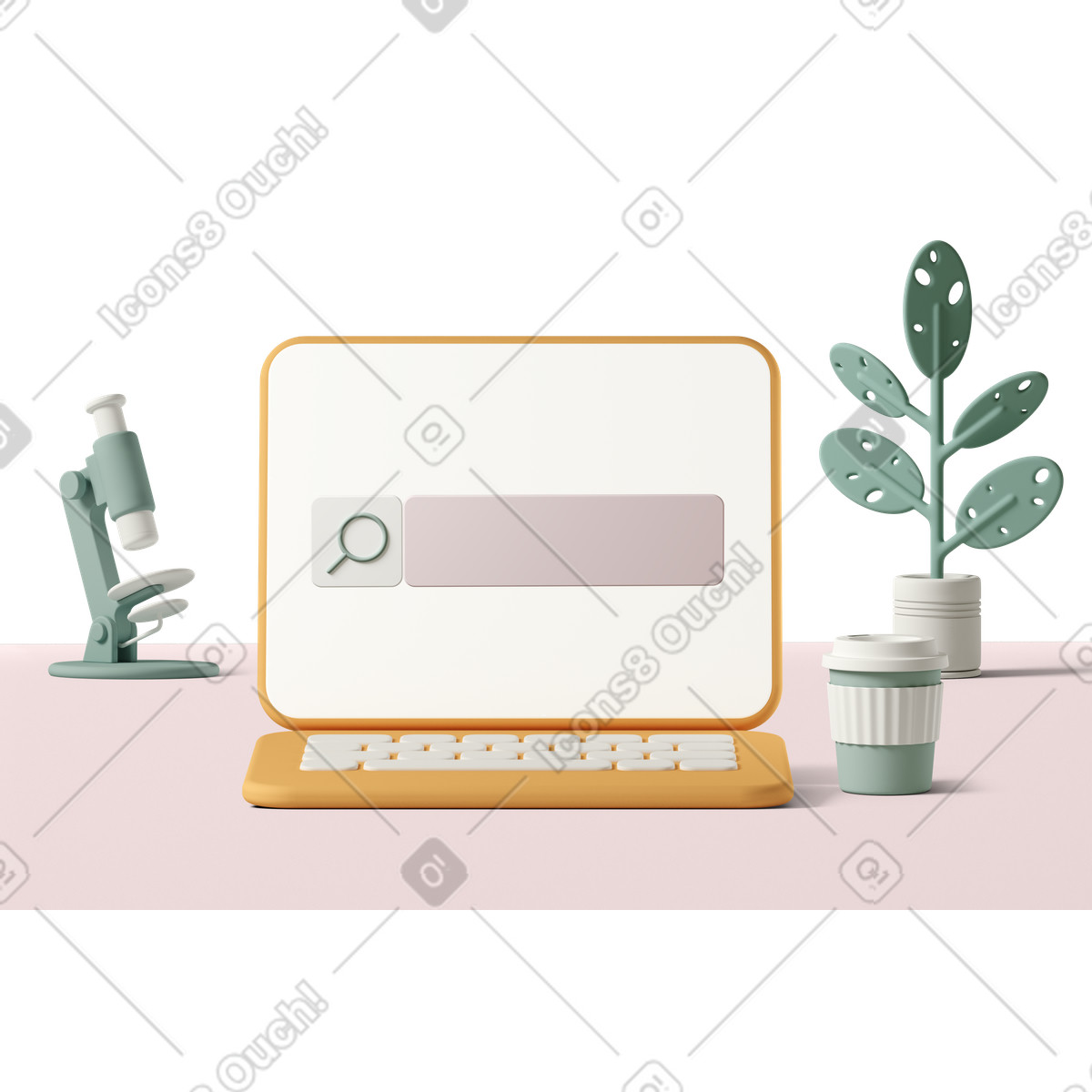 3D Casual life 스타일의 Laptop screen with search bar, coffee cup, microscope and plant 일러스트레이션 PNG, SVG 다운로드