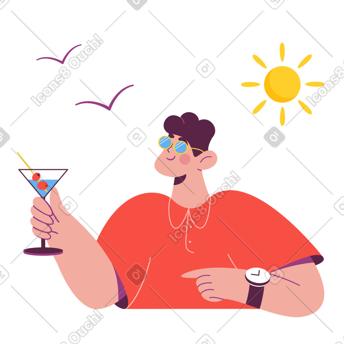 Uomo che si rilassa con un cocktail in vacanza illustrazione stile Sammy scarica PNG, SVG
