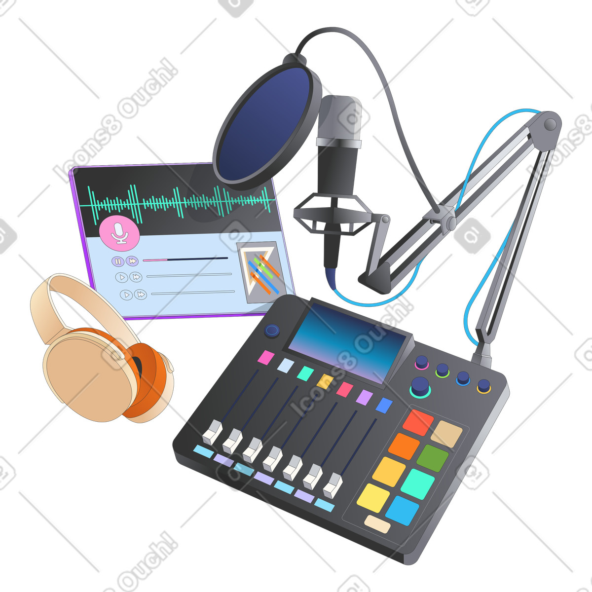 Ilustración Equipo de podcast para estudio grabación. en estilo Kit a descargar en PNG y SVG