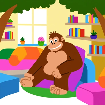 A large gorilla, "Donkey Kong," is sitting comfortably in a cozy treehouse. The treehouse features soft, plush furniture including a large bean bag chair and a colorful couch. Around him, there are shelves filled with various books of different sizes and colors. Sunlight filters through the leaves, casting a warm glow in the treehouse. A few potted plants are placed on the windowsills, adding a touch of greenery. "Donkey Kong" is wearing a relaxed expression, enjoying the peaceful atmosphere.