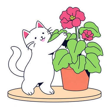 A cat playfully batting at the leaves of a large geranium plant