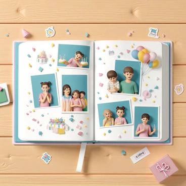 A scrapbook resting on a wooden table, its cover designed with colorful balloons and a festive cake. The pages are filled with vibrant photographs capturing moments from various birthday parties. Some photos show children blowing out candles on cakes, while others depict friends laughing and playing games. Scattered throughout the pages are mementos, including colorful party hats, confetti, and handmade cards. A section features a ticket stub and a small, folded invitation. The edges of the pages are decorated with stickers of cupcakes and presents, adding to the celebratory theme.