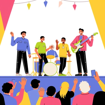 A band of four musicians is taking a bow on a brightly lit stage. The lead singer is in front, wearing a blue shirt and black pants, smiling widely. The guitarist stands to the right, dressed in a red jacket and holding his guitar. The bassist is to the left, wearing a green t-shirt and waving to the audience. The drummer is at the back, with a drum kit visible behind him. The cheering audience consists of diverse fans, some holding up their phones, and all are clapping and smiling. Colorful lights illuminate the stage, creating a lively atmosphere.