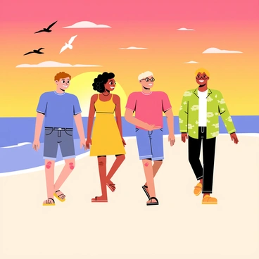 A group of four friends walking along a sandy beach during sunset. The sky is painted in shades of orange, pink, and purple as the sun sets on the horizon. One friend has short brown hair and is wearing a blue t-shirt and denim shorts. Another friend has long curly black hair and is dressed in a yellow sundress. A third friend with glasses is wearing a red tank top and cargo shorts. The fourth friend has straight blonde hair and is in a green Hawaiian shirt. They are all smiling and engaged in conversation, with small waves gently lapping at their feet. In the background, silhouettes of seagulls fly across the colorful sky.