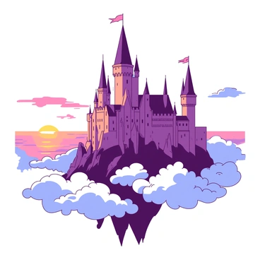 A majestic castle with tall spires and intricate stone carvings is floating among the clouds. The castle is bathed in warm light from the setting sun, creating a stunning contrast against the sky. The clouds surrounding the castle are fluffy and white, providing a soft cushion beneath it. In the distance, the sun is setting, casting a beautiful orange glow across the horizon, while the sky transitions into a deep blue. Various flags are waving gently atop the castle's towers.
