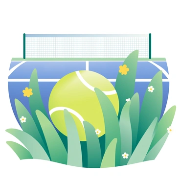 A bright green tennis ball is partially hidden in long, lush grass that is swaying gently. The grass has varying shades of green and is interspersed with small wildflowers in yellow and white. In the background, there is a tennis court with a blue surface, and a white net stretching across the middle. The scene is bathed in natural sunlight, creating soft shadows on the grass and court. The tennis ball is positioned so that only half of it is visible, blending in with the surrounding greenery.