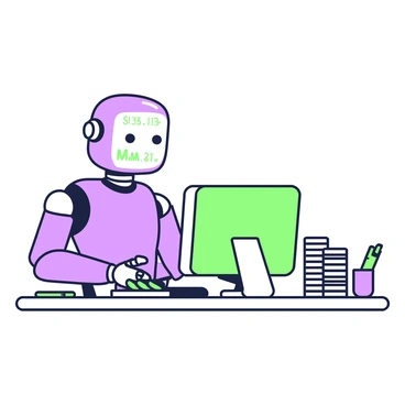 A robot with a smooth, metallic body is sitting at a desk, engaged in accounting tasks. The robot has expressive eyes displayed on a screen for a face, giving it a friendly appearance. In front of the robot, there is a computer with a bright monitor showing numerical data and graphs. To the side of the computer, there are stacks of coins arranged neatly, indicating the tasks being performed. The desk is organized, with a notepad and a green pen placed next to the robot, highlighting its efficiency in managing finances.