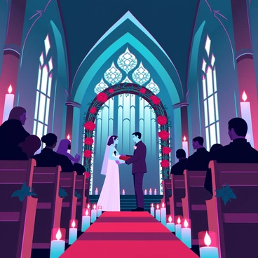 A gothic wedding ceremony taking place inside a candle-lit chapel. The walls are adorned with intricate, dark wood carvings and large stained glass windows casting colorful shadows. The aisle is lined with lavish dark floral arrangements featuring deep red roses and black calla lilies. Rows of pews made of dark oak are filled with guests dressed in formal black attire. At the altar, a couple stands under an ornate arch decorated with twisting vines and flickering candles, exchanging their vows. The atmosphere is intimate and dramatic, highlighted by the soft, warm glow of candlelight illuminating the scene.