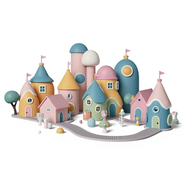 A whimsical town filled with quirky houses of various shapes and colors. Each house has unique features, such as a round roof, oversized windows, and colorful shutters. The streets are paved with cobblestones, winding through the town, lined with little trees and lampposts. In the foreground, a small fountain is adorned with playful sculptures. The scene is set on an 8x8 illustration board, showcasing the vibrant colors and charming details of this imaginative town.