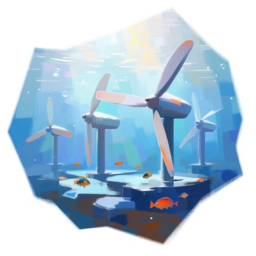 A tidal energy farm featuring several large underwater turbines positioned at various depths in the ocean. The turbines are designed with sleek, streamlined blades, and they are anchored securely to the ocean floor. Bubbles and currents can be seen swirling around the turbines, highlighting the motion of the water as it flows past them. The ocean is a deep blue color, and beams of sunlight penetrate through the water, creating a shimmering effect on the turbine surfaces. Various schools of small fish swim around the turbines, showcasing marine life in the area.