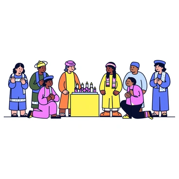 A solemn ceremony is taking place outdoors with participants dressed in traditional garb. Some participants are wearing long flowing robes with intricate patterns and bright colors. Others are adorned with hats and accessories that reflect their cultural heritage. The setting features a simple altar at the center, decorated with flowers and candles. There is an atmosphere of respect and focus among the participants as they gather around the altar, with some standing and others kneeling.