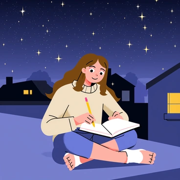 A young girl drawing on a rooftop under the stars, inspired by Whisper of the Heart.