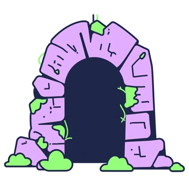 A crumbling stone archway stands prominently, with weathered stones showing signs of age and disrepair. Moss and small vines are growing between the cracks of the stones, emphasizing its dilapidated state. The archway leads into a darkened passage that disappears into shadows, suggesting an unknown part of a dungeon. The edges of the archway are jagged and irregular, creating an eerie and foreboding atmosphere. Faint markings on the stone surface hint at ancient inscriptions, barely visible in the dim light.