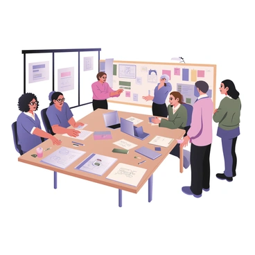 A digital flat illustration of a creative workshop filled with activity. In the foreground, two designers are collaborating at a large table covered with sketches, colored pencils, and laptops. One designer, wearing glasses and a blue shirt, is pointing at a laptop screen. The second designer, with curly hair and a green sweater, is taking notes on a notepad. In the background, another group of designers is discussing ideas while standing next to a whiteboard filled with colorful sticky notes and diagrams. The walls are decorated with inspirational posters and a large window lets in natural light, illuminating the vibrant workspace.