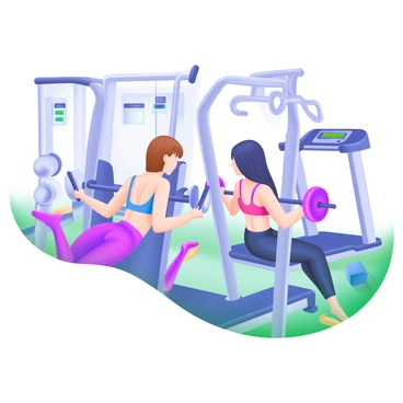 A gym scene featuring two friends performing lat pulldown exercises. Each friend is positioned at lat pulldown machines, focusing intensely on their workout. One friend has short brown hair and is wearing a blue tank top, while the other has long black hair and is dressed in a red sports bra. They are synchronizing their movements, pulling down the bars at the same time. Weights are clearly visible on the machines, and the gym has various fitness equipment in the background, including dumbbells and a treadmill. The atmosphere reflects a lively and energetic workout environment.