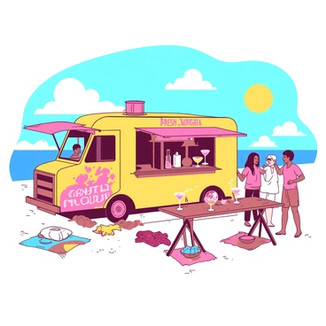 A yellow food truck with a large open serving window is parked on a sandy beach. The truck has colorful graphics displaying "Fresh Sangria" in bold letters. Beside the truck, a festive awning provides shade, and a small wooden table is set up with several glasses of sangria filled with fruits. People in casual summer attire are happily gathering around the truck, enjoying their drinks. The sun is shining brightly in a clear blue sky, and there are beach towels and umbrellas scattered around the scene.