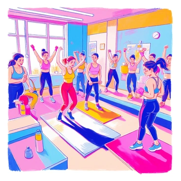 A group of people is engaged in a high-energy fitness class. They are using various exercise equipment, including weights, resistance bands, and yoga mats. Some individuals are jumping, while others are lifting weights or using the bands. The class is held in a brightly lit gym with large mirrors on the walls. The participants are wearing colorful athletic clothing and displaying expressions of determination and energy. In the background, motivational posters adorn the walls, and there are water bottles on a nearby bench.
