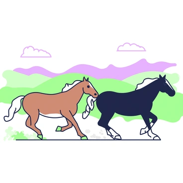 A herd of wild horses is galloping across a wide plain. The horses vary in size and breed, showcasing a mix of mane colors and patterns. Their powerful legs are extended as they run, kicking up dust from the ground. In the foreground, a brown horse leads the pack, followed closely by a black horse with a white blaze on its face. The background features rolling hills that extend into the horizon, where the sky is visible above them. The scene captures the energy and movement of the horses as they enjoy their freedom.