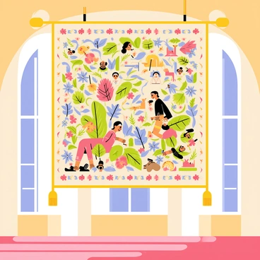 A detailed tapestry hanging in a grand hall. The tapestry features intricate patterns and symbols inspired by ahki culture, depicting a vibrant scene of nature and community life. Various figures are woven into the design, including people engaged in traditional activities, surrounded by lush greenery and animals. The colors are rich and bold, capturing the essence of the narrative being told. The tapestry is framed by ornate gold trim, enhancing its presence in the spacious hall. Light filters through large windows, casting gentle shadows on the tapestry's surface.