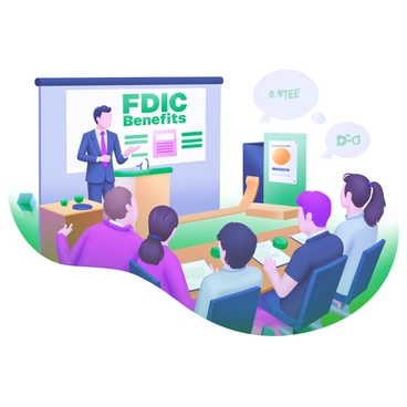 A modern pastel illustration of a business conference room filled with attentive attendees. At the front, a speaker stands confidently at a podium, presenting with a visual aid behind them that displays the words "FDIC Benefits" in large, clear letters. The audience is composed of diverse professionals, some taking notes while others are looking at the presentation. On one side of the room, there is a table with brochures about FDIC and a coffee station. The atmosphere is focused and engaging as participants listen intently to the presentation.