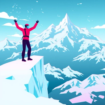 A climber with a bright red jacket and black gear stands triumphantly at the peak of a snow-covered mountain. The climber is raising one arm in celebration, while snow flurries swirl around them. Below, a stunning view reveals a vast landscape of jagged peaks, valleys, and glistening glaciers. The sky is a vibrant blue dotted with white clouds, enhancing the dramatic scene. The sun casts a warm glow on the snow, creating a sparkling effect across the terrain.