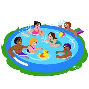 Children joyfully splashing in a shallow kiddie pool with inflatable toys floating around