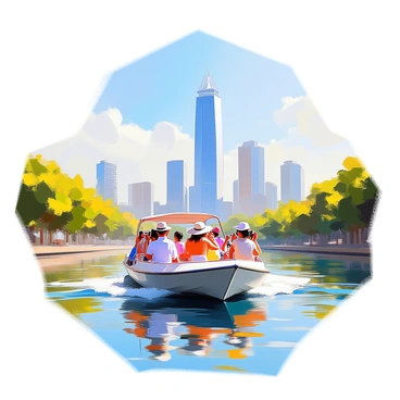 A riverboat is gliding smoothly along the water, passing by "Landmark 81," the tallest building in Vietnam. The boat is filled with tourists, some standing and others sitting, all taking photographs of the remarkable skyline. The scene includes a clear blue sky overhead, and the sun reflects off the water's surface. Lush green trees frame the banks of the river, enhancing the vibrant atmosphere of the setting. Tourists are dressed in casual summer clothing, with some wearing hats to shield themselves from the sun as they enjoy the view.