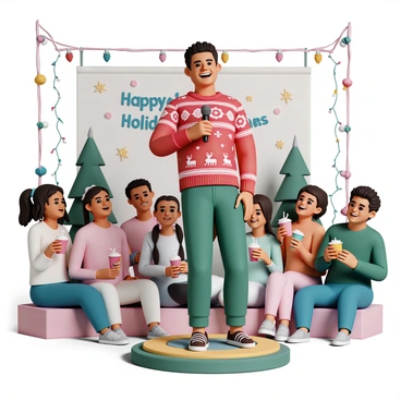 A comedian, wearing a bright red and green holiday-themed sweater adorned with snowflakes and reindeer, stands on a small stage. He has a microphone in his hand and is laughing, engaging the audience. The stage is decorated with colorful Christmas lights and a backdrop featuring a large "Happy Holidays" banner. The audience is seated in front of him, smiling and enjoying the performance, with some people holding festive drinks in their hands. The atmosphere is lively and cheerful, filled with the spirit of the holiday season.