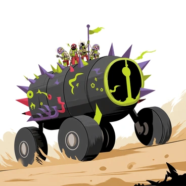 A massive skaven war engine rolling into battle, featuring a dark metallic body with numerous spikes protruding from the sides. The war engine has sinister decorations, including twisted shapes and eerie symbols painted in shades of green and red. Thick, heavy wheels turn as the engine moves forward, leaving a trail of dust behind. A few skaven warriors can be seen on top, brandishing weapons and shouting orders, their beady eyes glinting with malice. The surrounding landscape is a chaotic battlefield filled with smoke and debris.
