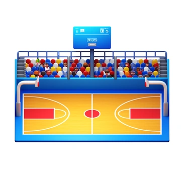 A basketball court featuring polished wooden flooring, marked with bright white lines for boundaries and a three-point arc. In the background, a section of the bleachers is visible, highlighted to show "one-fourth full" with spectators, including a mix of fans wearing team jerseys. The court has a large scoreboard hanging above, displaying the current game score. Bright overhead lights illuminate the scene, casting shadows on the court.
