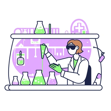 A lab technician with short brown hair is safely conducting an experiment inside a fume hood. They are wearing a white lab coat, safety goggles, and gloves. The fume hood is equipped with various laboratory tools, including a beaker and pipette. The technician is carefully pouring a green reagent from a flask into the beaker. There are two additional flasks visible on the shelf, each containing different colored liquids labeled with safety symbols. The background features emergency equipment, such as an eye wash station and a fire extinguisher.