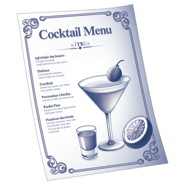 A vintage-style cocktail menu displayed on a textured wooden background. The menu features elegant typography outlining various cocktail options. At the center, there is a detailed illustration of a "pornstar martini." The cocktail is presented in a classic martini glass, showcasing its frothy top and a slice of passion fruit resting on the rim. A small shot glass filled with a liqueur sits beside the martini glass. Decorative elements such as swirling floral designs frame the illustration, enhancing the vintage aesthetic of the menu.