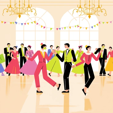 An elegant ballroom filled with guests dressed in arlequin-themed costumes. The ballroom has a polished wooden floor that reflects the soft light from ornate chandeliers hanging from the ceiling. Guests are wearing colorful diamond-patterned outfits in shades of red, green, and black. Some guests are wearing masks adorned with feathers, while others have ruffled collars. Couples are twirling gracefully, showcasing intricate dance moves. Decorative banners and garlands with vibrant colors hang along the walls, adding to the festive atmosphere.