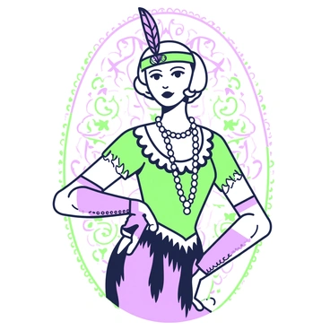 A woman is posing for a portrait in a setting reminiscent of the 1920s. She has bobbed hair styled with soft waves, adorned with a feathered headband. Her outfit features a flapper dress with intricate beadwork and fringe detail that flows gracefully. She is wearing long pearl necklaces draped around her neck and stylish gloves that extend up to her elbows. Her expression is confident and poised, and she is slightly turned to the side, with one hand resting on her hip. In the background, there is a subtle, ornate pattern that complements her vintage style.